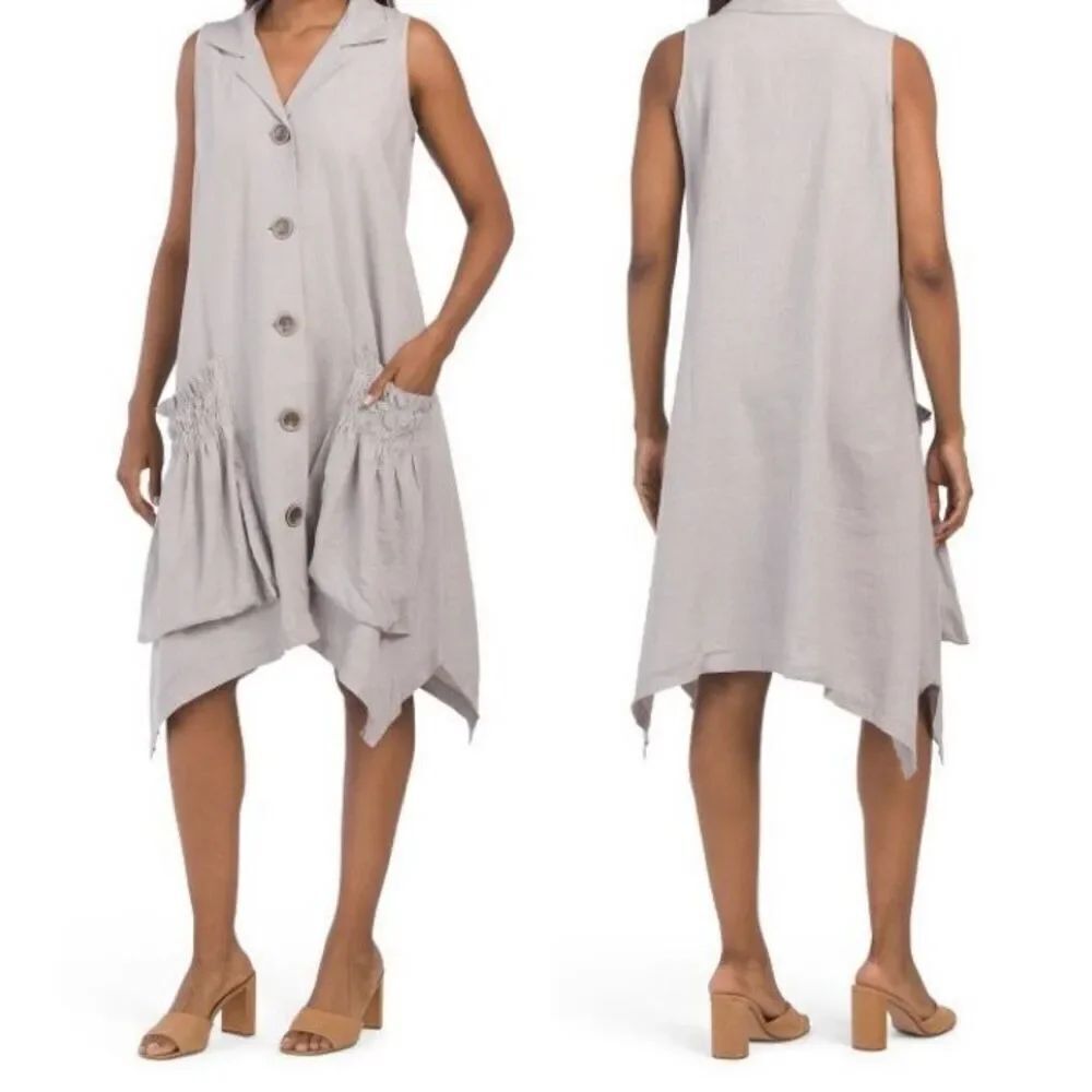 For Cynthia Linen Blend Shark Bite Hem Shirt Dress Size S